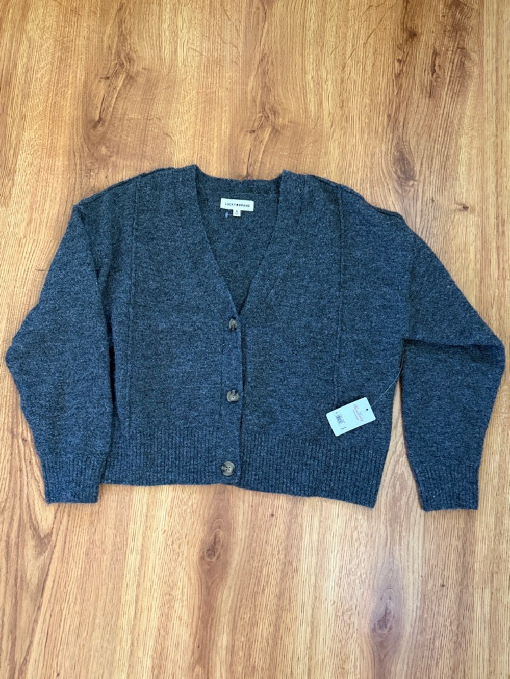 Lucky Brand Charcoal Gray V‑Neck Button Cardigan